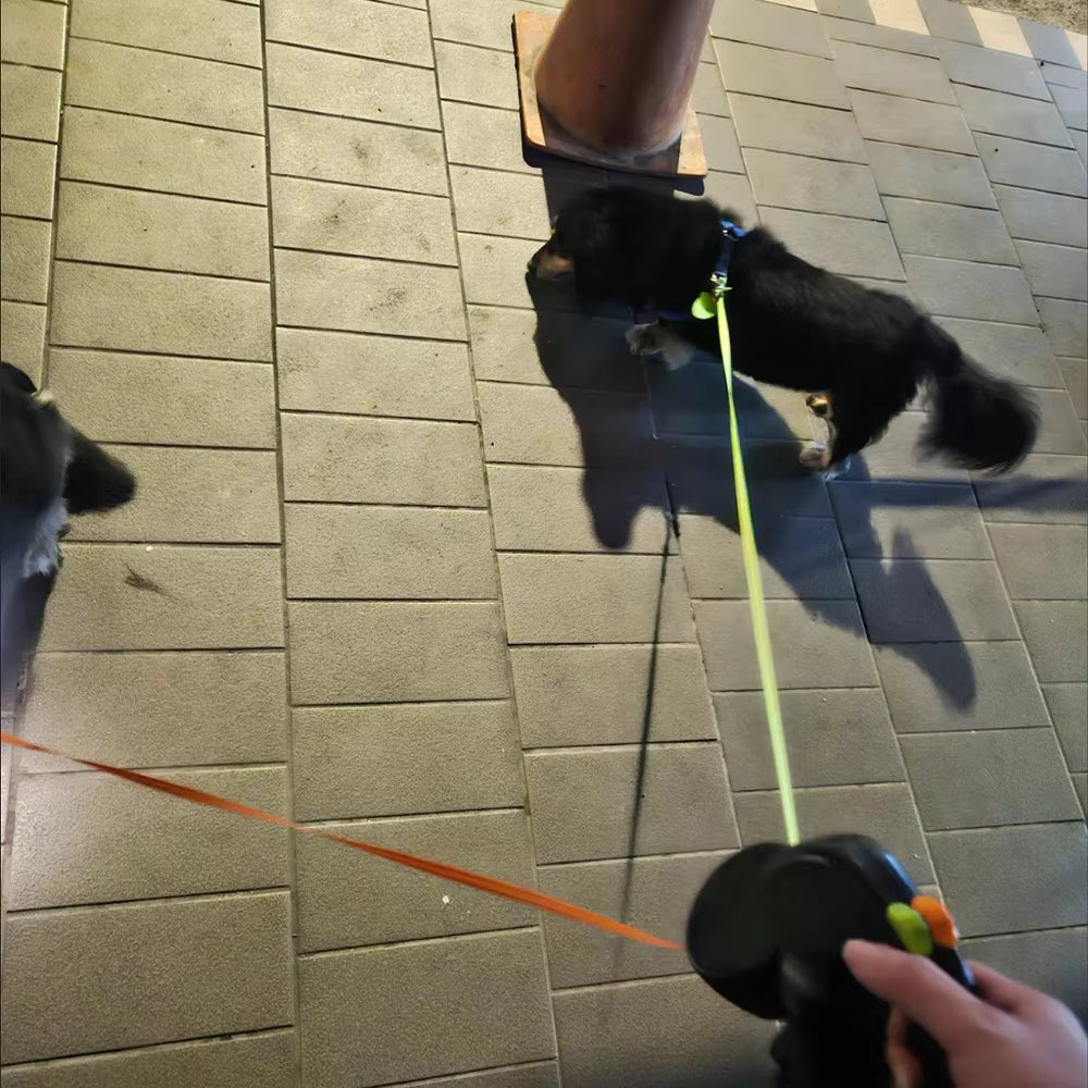 3-in-1 Dual Retractable Dog Leash with LED Flashlight & Poop Bag Holder – Tangle-Free, Reflective, and Extendable for Two Dogs