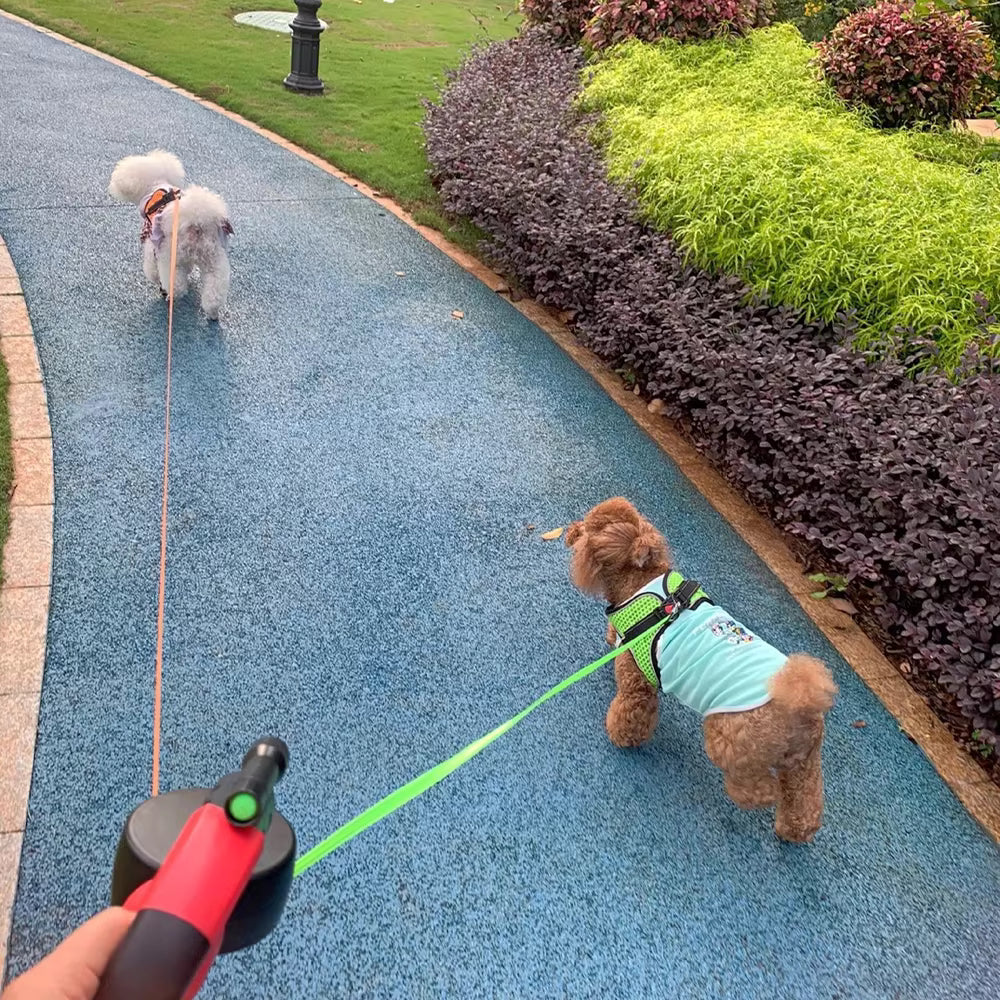 3-in-1 Dual Retractable Dog Leash with LED Flashlight & Poop Bag Holder – Tangle-Free, Reflective, and Extendable for Two Dogs